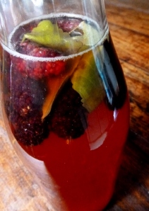 Kombucha flavoured with foraged mulberries and homegrown stevia.